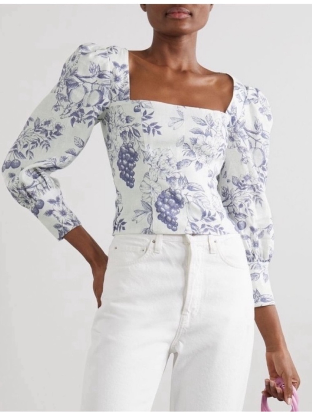 REFORMATION Blouse Top Carla Stilton Linen Puff Sleeve Floral Print White Blue 2